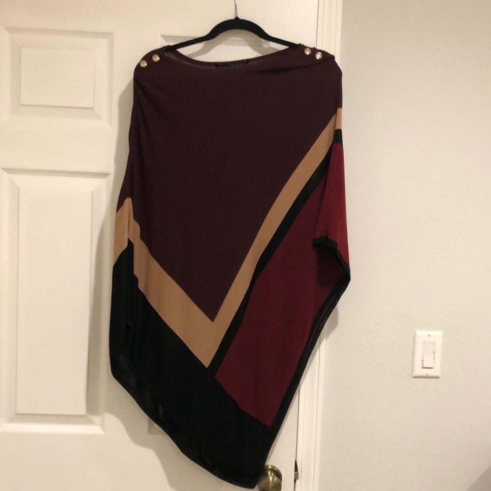 White House Black Market Burgundy, Black & Tan Colorblock Poncho Sweater